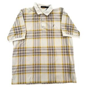 Nautica Polo Shirt Men XL Yellow White Plaid Short Sleeve Cotton Y2K Streetwear